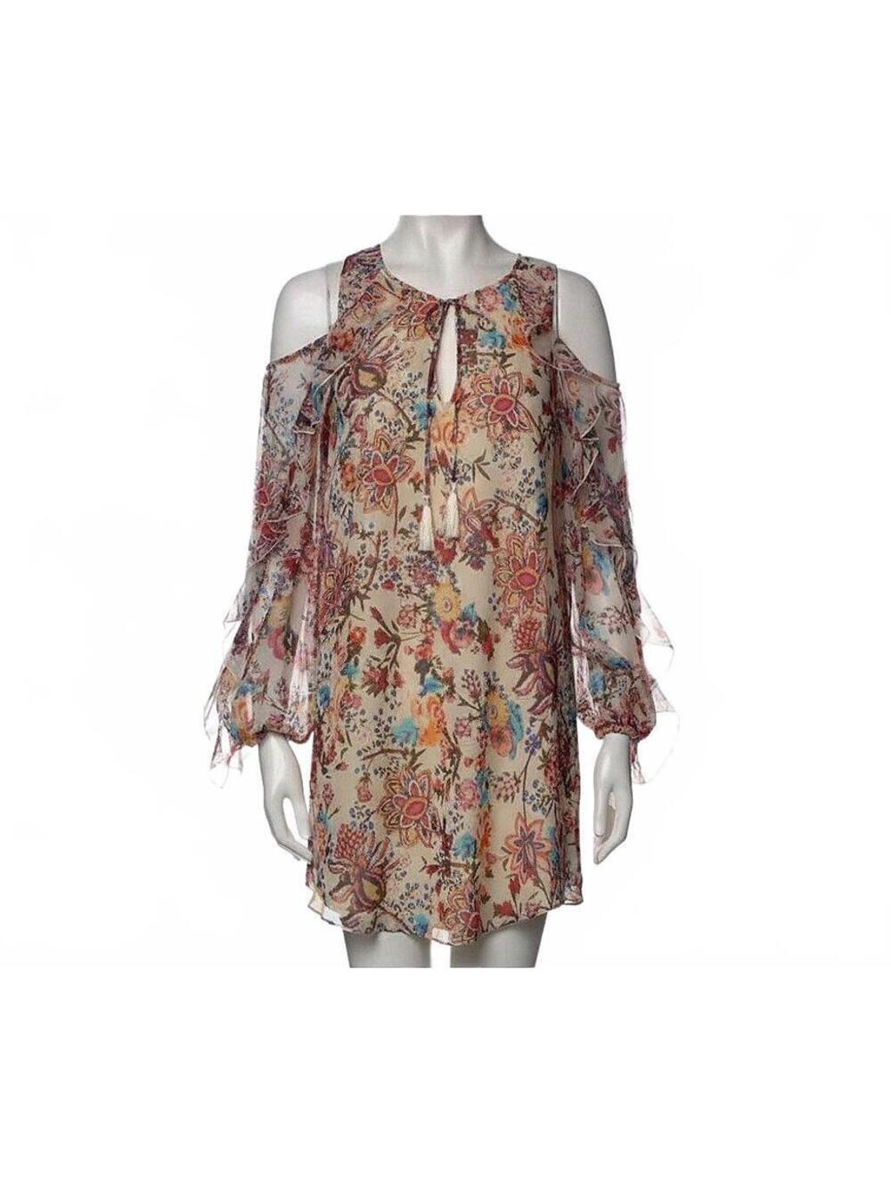 Haute Hippie Flowers in the Sun Cold Shoulder Silk Mini Dress Sz Small $475